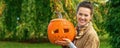 Woman showing Halloween pumpkin Jack OÃ¢â¬â¢Lantern Royalty Free Stock Photo